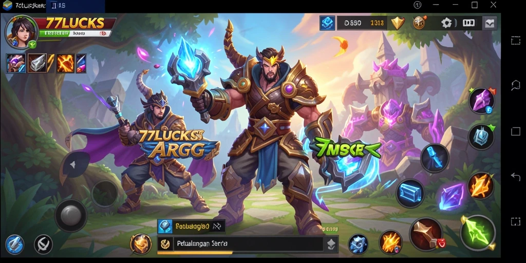 Screenshot utama 77LUCKS menampilkan aksi pertempuran dinamis dalam dunia fantasi.