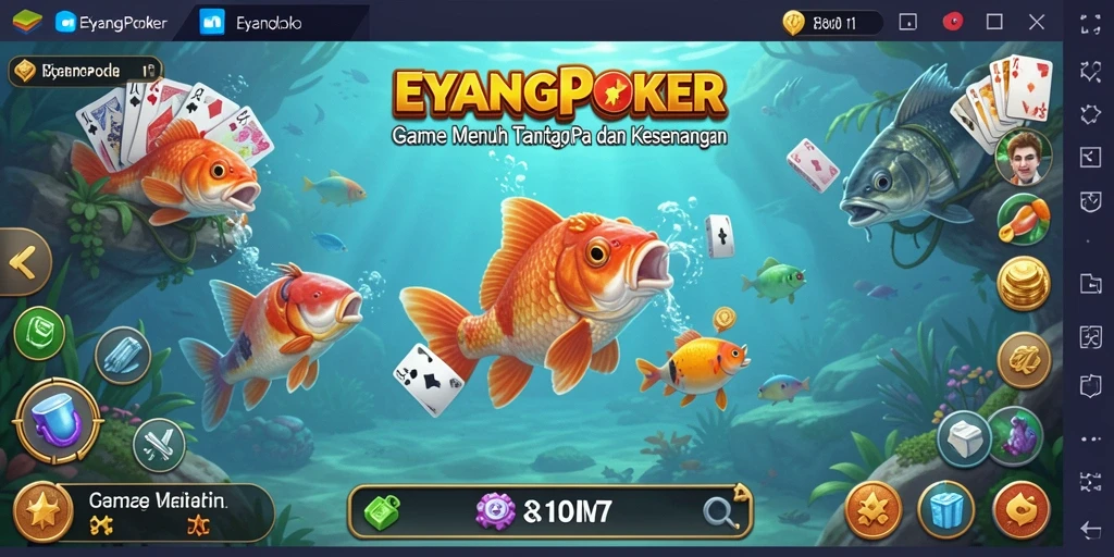 Screenshot utama EYANGPOKER menampilkan pemain sedang asyik memancing ikan di laut.