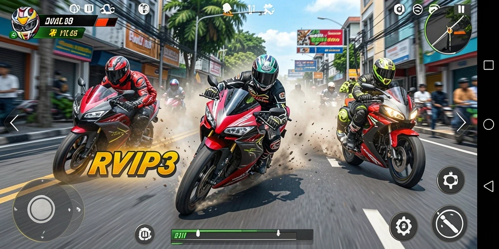 Gameplay RVIP3 yang seru dengan balapan motor yang mendebarkan.