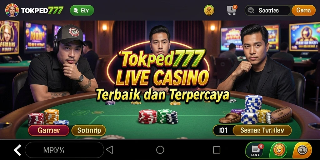Screenshot utama TOKPED777 menampilkan dealer langsung dalam suasana permainan kasino.